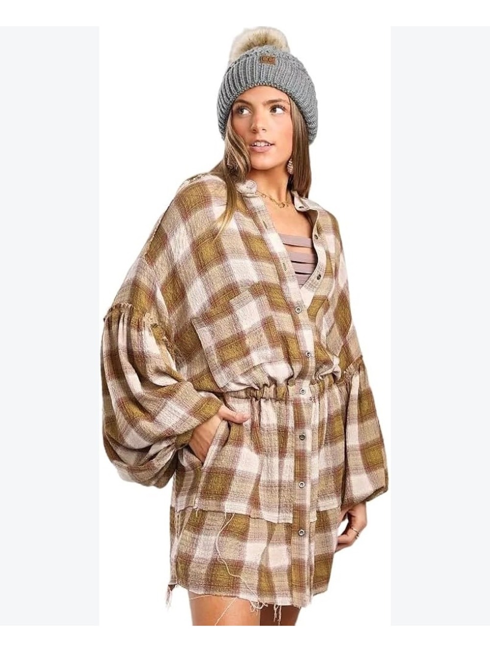 Free People We The Free By The Way Plaid Mini Dress Medium Brown Boho Western